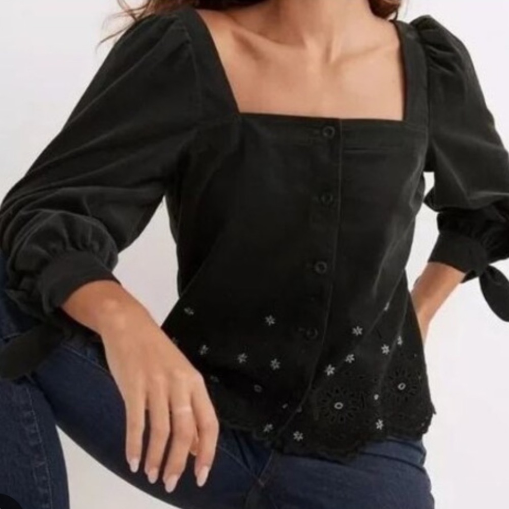 Madewell Dark Green Corduroy Eyelet Button Blouse